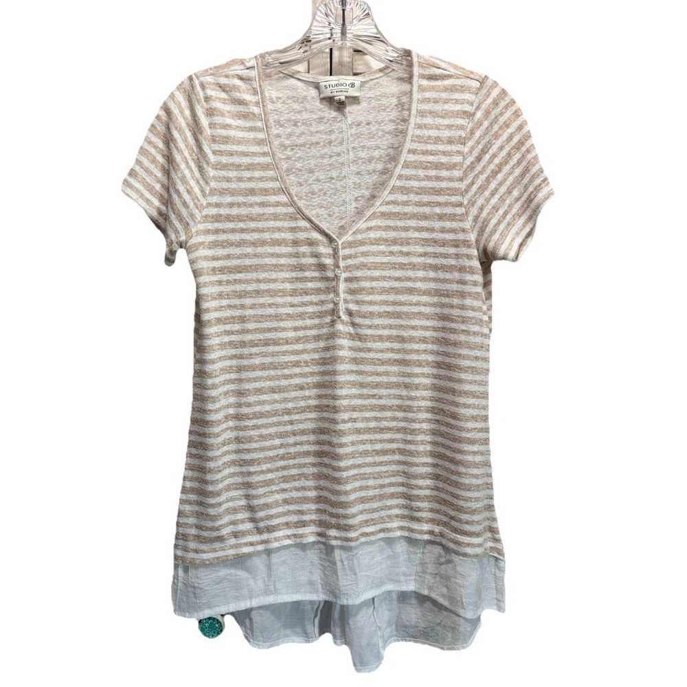 Studio B Beige/White Striped Short Sleeve Buttons V‎ Neck Size Small High/Low